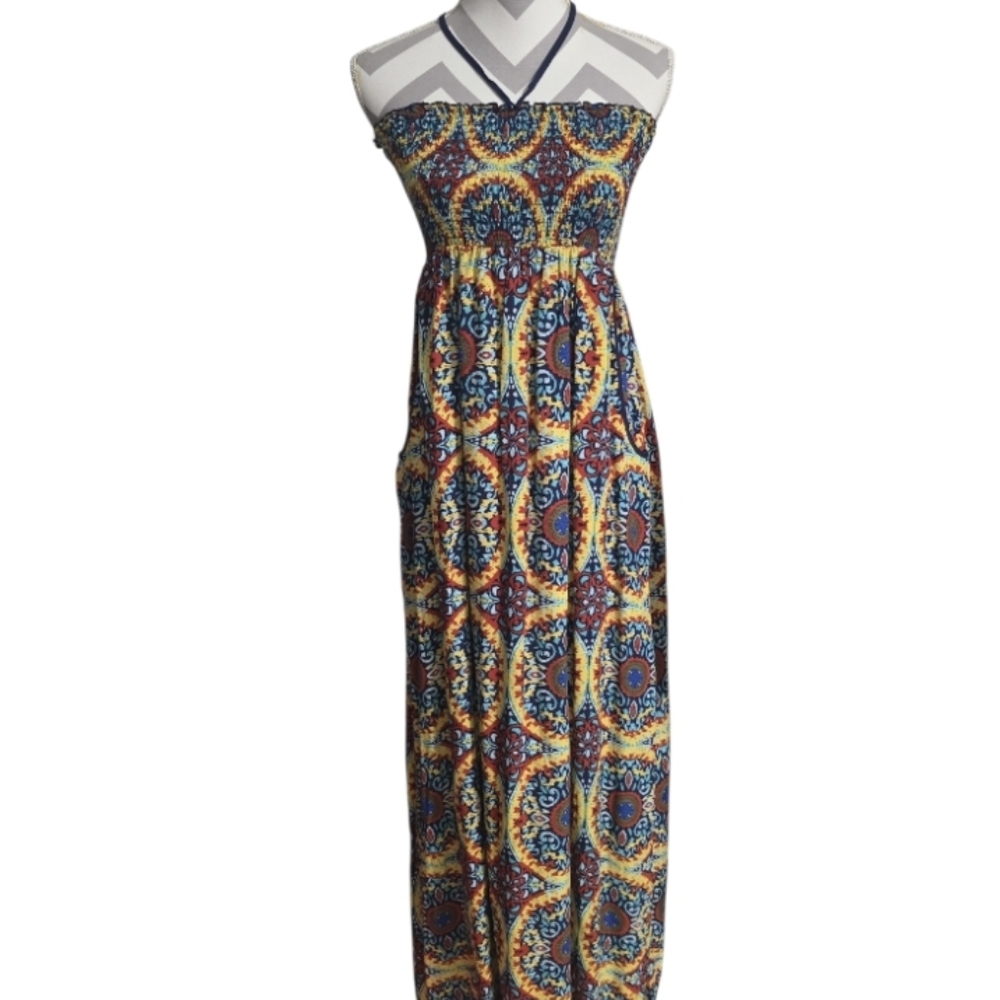 Band Of Gypsies Medallion Mult-color Halter Pockets Maxi Dress Medium